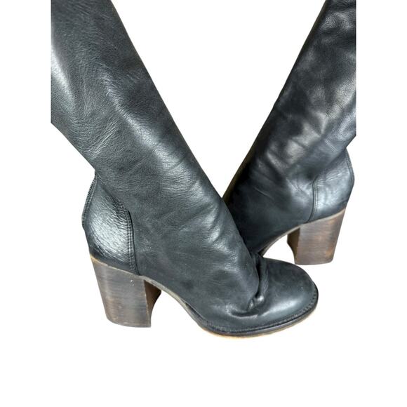 Free People Black Leather Slouch Mid Calf Boots 36 Block Heel Retro Style - Picture 4 of 12